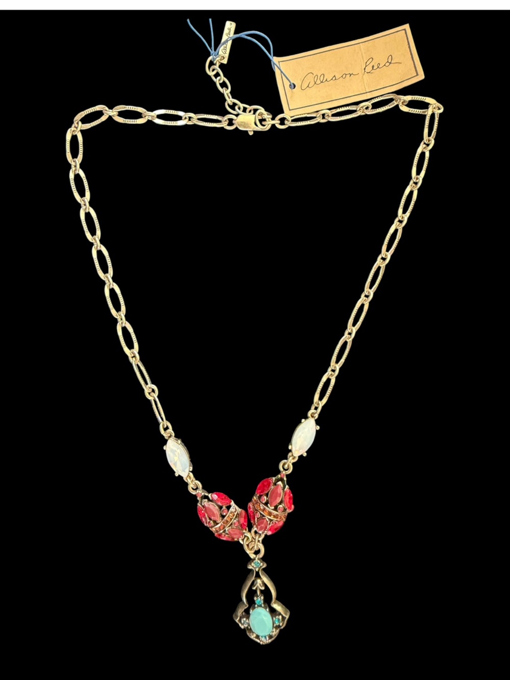 Allison Reed Red, Blue Crystal, and Simulated Turquoise Y Necklace Gold